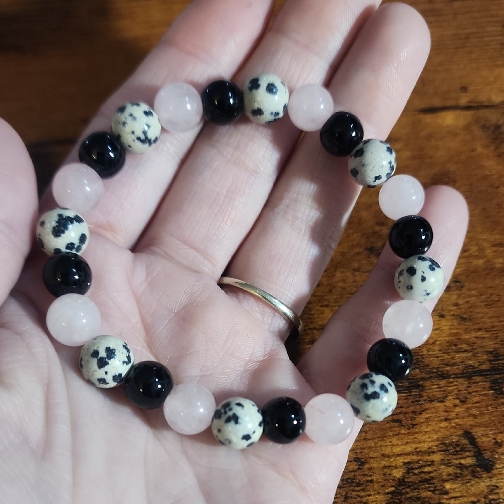 1pc Black Agate&Dalmation Jasper Beaded Protection Bracelet- Releaving Past Hurt